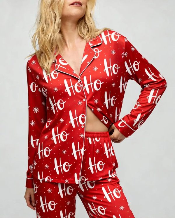 Hoho Snowflake Print Pajama Set - Red / 2XL at Omfort