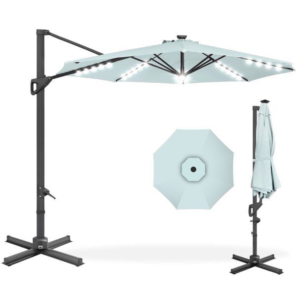 360-Degree Solar LED Cantilever Offset Patio Umbrella w/ Tilt - 10ft - Baby Blue at Best Choice Products
