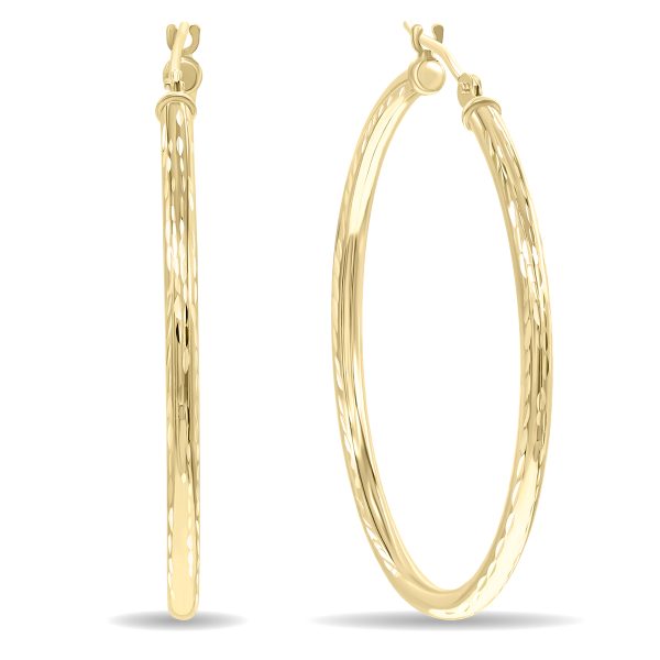 14K Yellow Gold Shiny Diamond Cut Engraved Hoop Earrings (35mm) at Szul.com