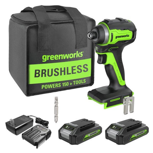 24V 1/4" 1950 in/lbs Brushless Impact Driver Kit: (2) 2.0 Ah Batteries, Charger, Bits and Tool Bag at Greenworks Tools