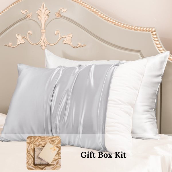 23mm 6A+ 100% Mulberry Silk Pillowcase 2 Pack Mixed Colors-New Year Gift Kit - King / White+Light Grey at Promeed