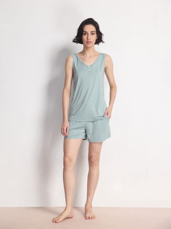 Women's GYS Premium™ Bamboo Lace Trim V-Neck Tank & Shorts Set - Light Greyish Green / XL