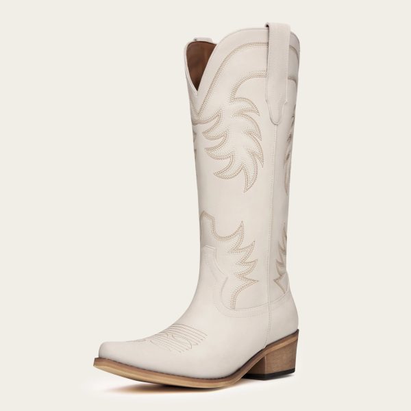 The Elizabeth - Cream Classic Snip Toe Slip-On Cowgirl Boots - US 8.5 at REDTOP