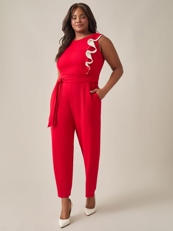 Ruffle Shoulder Jumpsuit, Crimson at Kasper Clothing