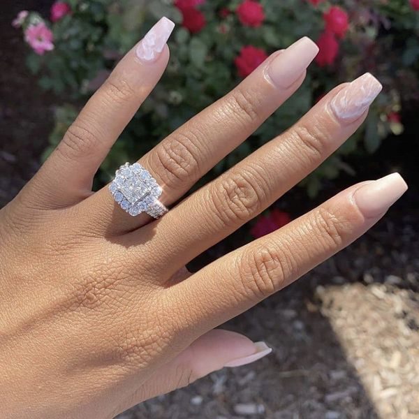 Ladys 925 Sterling Silver ring Luxury pave 4pcs Princess-cut Diamond Wedding jewelry for Women Simulated Platinum Girl gift size 5-10 at DHgate