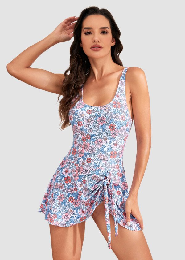 Floral Print Tummy Control Swimdress, White Floral · M at Vibecurve