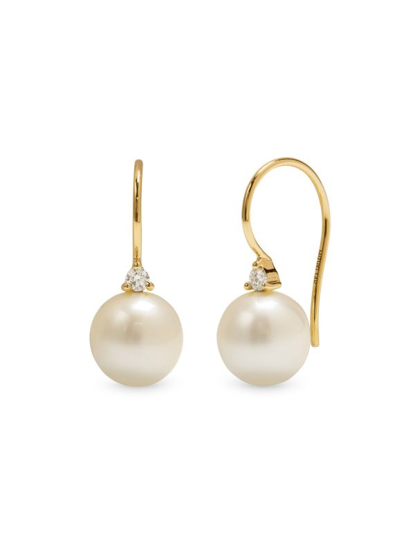 Freshwater Pearl On Diamond Ear Wire Yellow Gold Drop Earrings at YLANG23