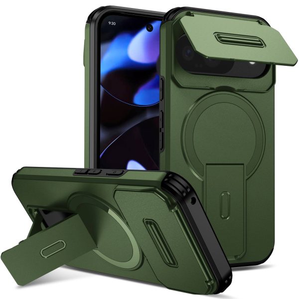 Dteck - for Google Pixel 10 Pro/10 & 9/9 Pro Case,Slide Camera Cover & Hidden Kickstand,Rugged Magnetic Shockproof PC TPU Cover - Green at Best Buy