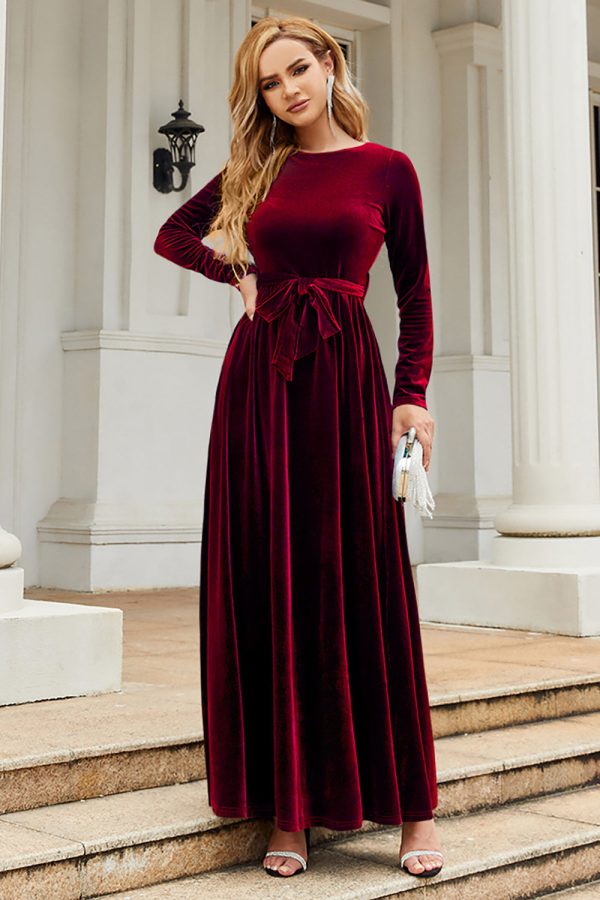 Black A Line Jewel Neck Velvet Floor Length Party Dress - Burgundy / XL at Zapaka