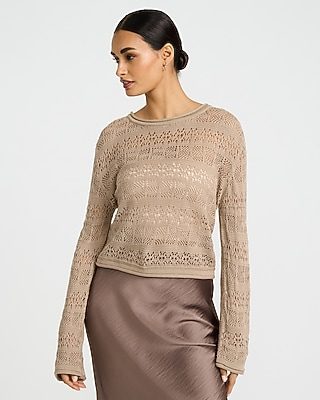 Express Women's Open Stitch Crew Neck Sweater in Dark Brown