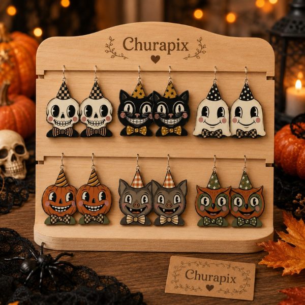 TEMU 12pcs/6 Pairs Women's Wooden Halloween Earrings Set, Cute Cartoon Cat, Pumpkin And Skull Design Earrings, Trendy Jewelry For Parties, , Daily
