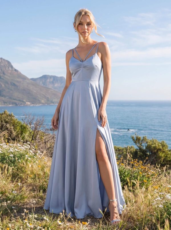A-Line V-Neck Sleeveless Floor-Length Silk Like Satin Bridesmaid Dresses at Missacc