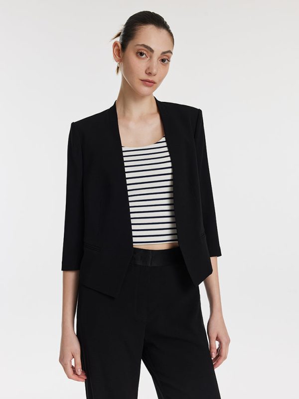 Triacetate 3/4 Sleeves Women Crop Blazer at GOELIA