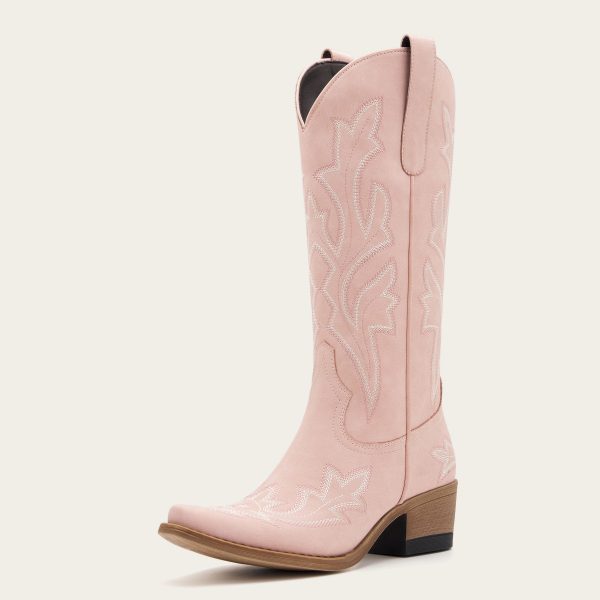 The Etta - Blush Pink Tonal Embroidered Snip Toe Cowgirl Boots with Side Zipper - US 8 at REDTOP