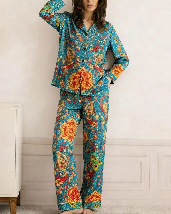 Vintage Floral Print Pajama Set - Grey Teal / L at Omfort