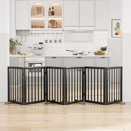 Smart FENDEE Bamboo Dog Gate Freestanding Pet Gate with 2 Support Feet for Doorways Black 24 H 6 Panel at Walmart.com