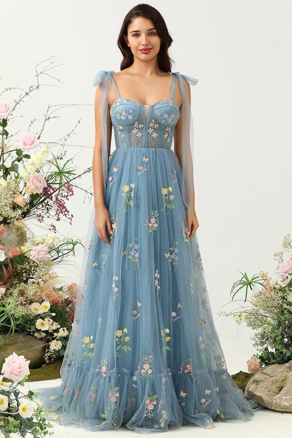 Grey Blue A Line Spaghetti Straps Corset Prom Dress with Embroidery - Grey Blue / US22W at Zapaka