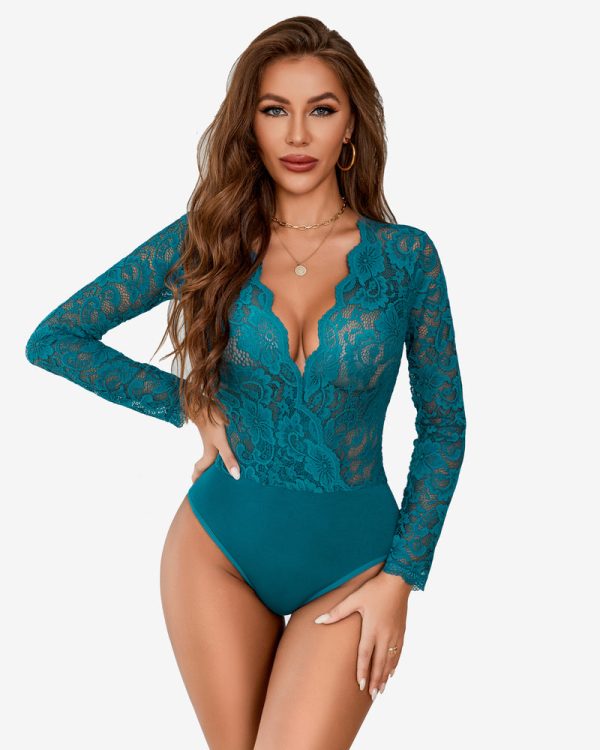 Deep V Snap Crotch Lace Bodysuit - Blue Green / XL at AVIDLOVE