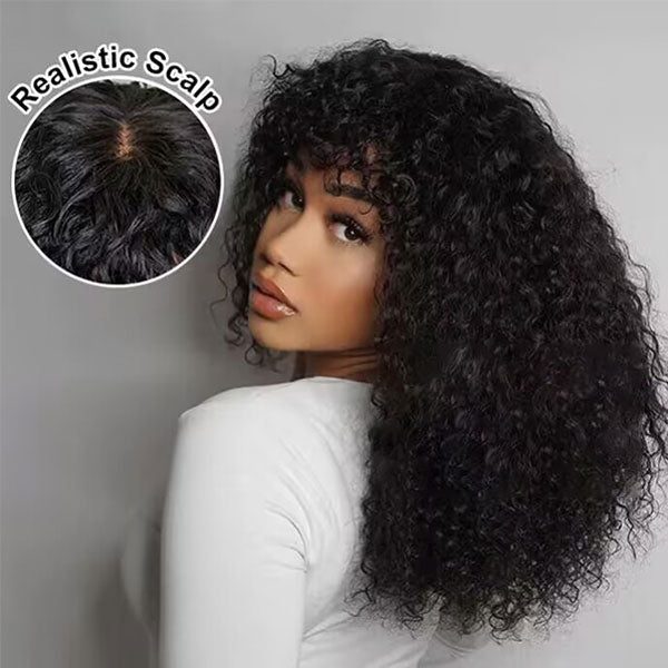 Flash Sale Realistic Look Pull Go Glueless Bob Wig With Bangs Human Hair Wig - Water Wave / 12 at HONGKONG OSSILEE TRADING LIMITED