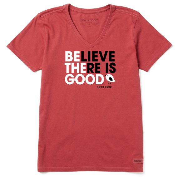 Life is Good Women's Be The Good Bird Crusher Vee Short Sleeve T-Shirt in Faded Red Size XS | 100% Cotton