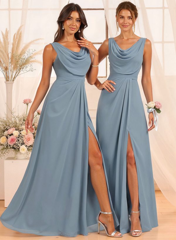 A-Line Cowl Neck Floor-Length Chiffon Bridesmaid Dresses With Split Front at Missacc