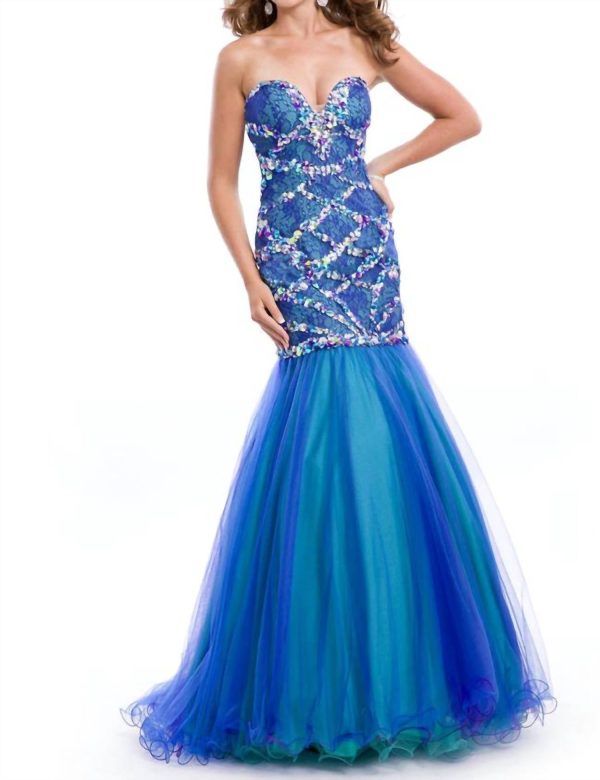 Strapless Sweetheart Mermaid Gown In Peacock/nude at Shop Simon