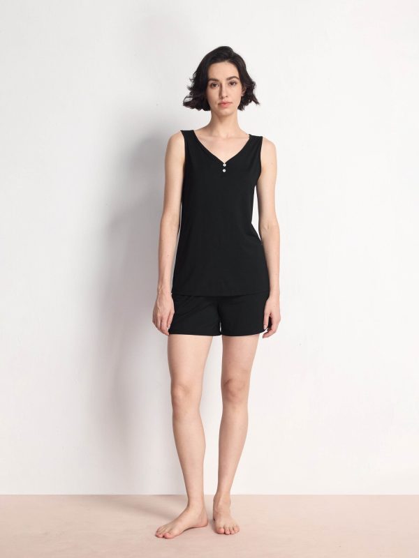 Women's GYS Premium™ Bamboo Lace Trim V-Neck Tank & Shorts Set - Black / S
