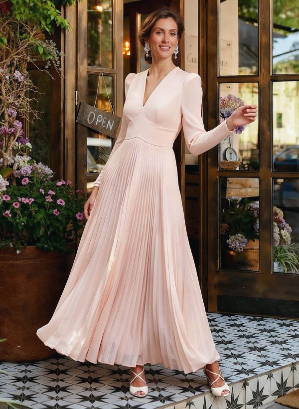 A-Line V-Neck Long Sleeves Chiffon Ankle-Length Mother Of The Bride Dresses at Missacc