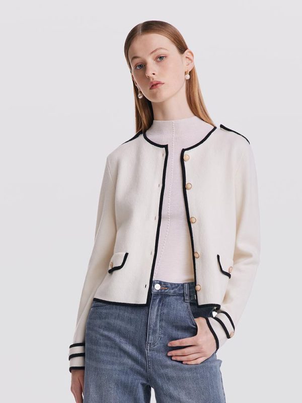 Contrast Soft Woolen Cardigan - Off White / S at GOELIA
