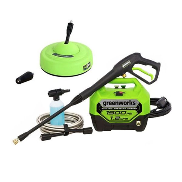 OPEN BOX 1900 PSI 1.2 GPM Cold Water Electric Pressure Washer, 11" Surface Cleaner and Soap Applicator Combo Kit at Greenworks Tools