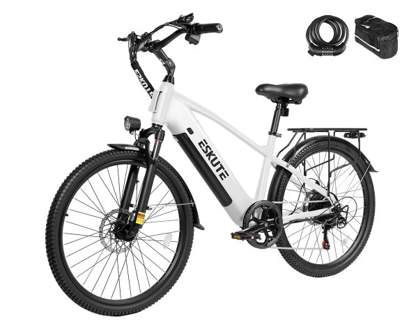 Eskute® C200 SO Electric Bike for Adults - White / Bike with Phone Bag& Bike Lock at Eskute Ebikes
