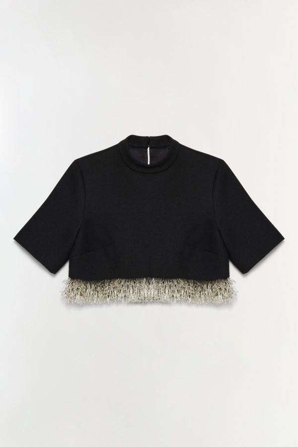 SIMKHAI Women's Short Sleeve Jalen Embellished Cropped Top in Black, Size 6