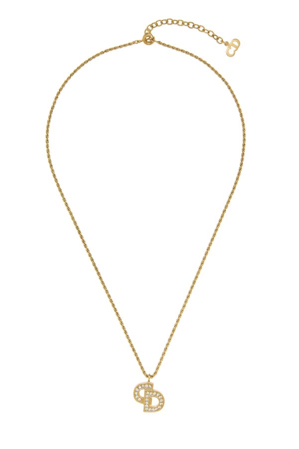 Women's Christian Dior Gold Crystal 'CD' Necklace in Gold at What Goes Around Comes Around