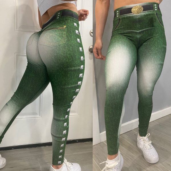 Vibecurve® Legging Fake Jeans Shape Rainbow, Green · L