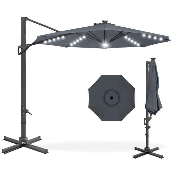 360-Degree Solar LED Cantilever Offset Patio Umbrella w/ Tilt - 10ft - Slate at Best Choice Products