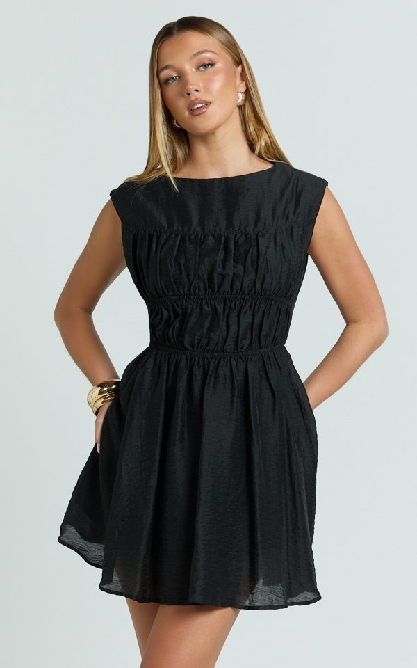 Faith Mini Dress - Sleeveless Ruched Bodice Dress in Black at Showpo