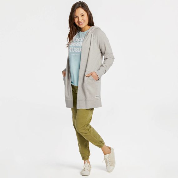 Life is Good Women's LIG Wordmark Horizontal Beyond Hip French Terry Tunic Long Sleeve T-Shirt in Light Heather Grey Size Small | Cotton Blend