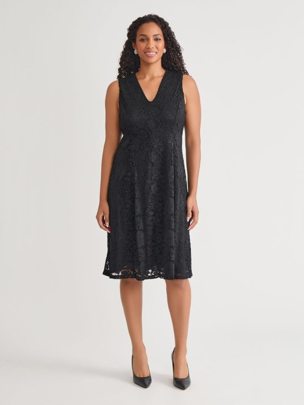 V-Neck Fit-and-Flare Dress, Black at Kasper Clothing