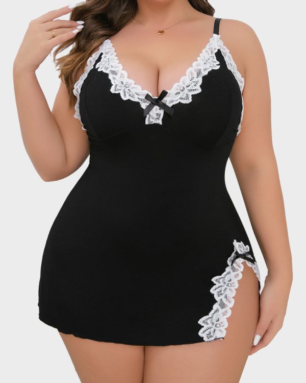 Plus Size V-Neck Side Slits Lace Trim Nightgown, Black · M at Vibecurve