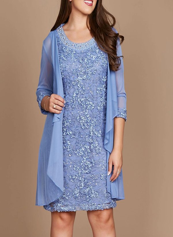 Sheath/Column Square Neckline Sleeveless Lace Knee-Length Mother Of The Bride Dresses With Beading at Missacc