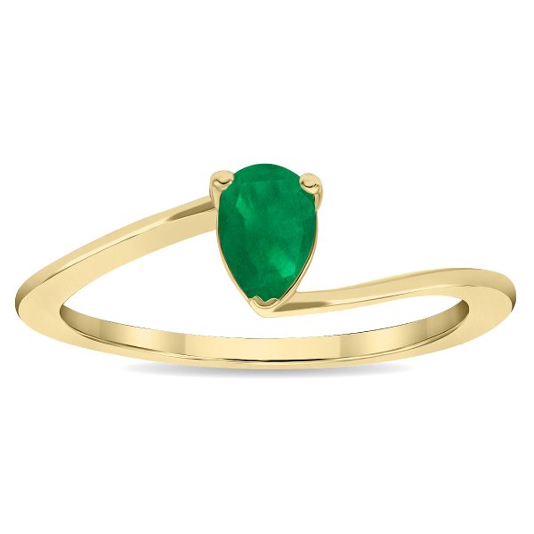 Women's Solitaire Pear Shaped Emerald Wave Ring in 10K Yellow Gold at Szul.com