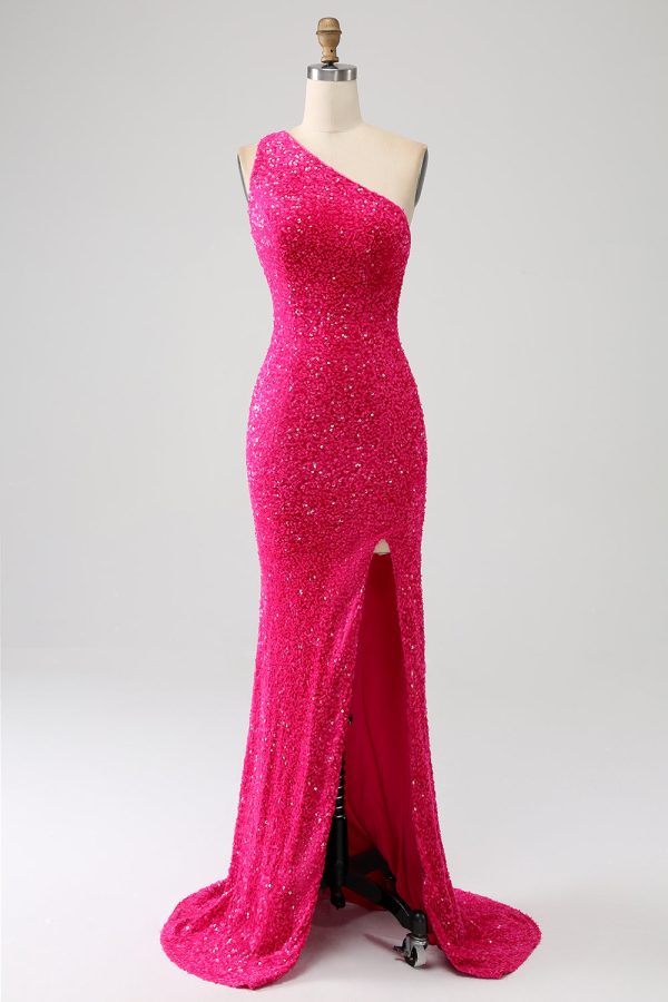 Fuchsia Mermaid One Shoulder Sparkly Sequins Prom Dress with Slit - Fuchsia / US16 at Zapaka