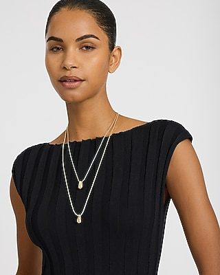 Express Women's Layered Beaded Gold Necklace in Shiny Gold