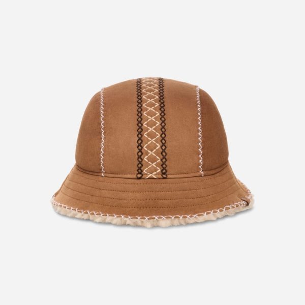 UGG® Women's Atherson Embroidered Hat Sheepskin in Chestnut, Size S/M