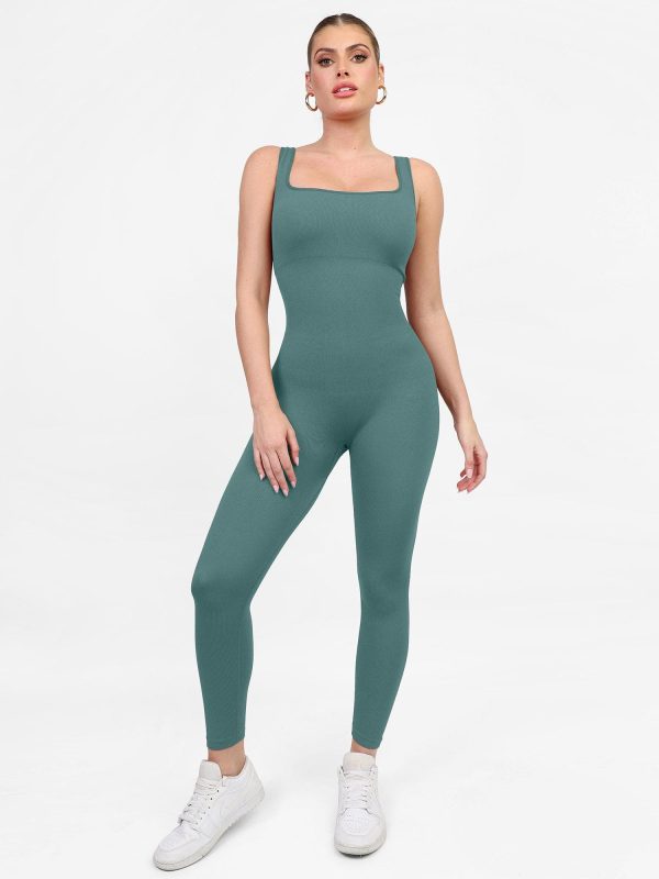 Shapewear Square Neck Tank Workout Seamless Jumpsuit - Green / S at Popilush