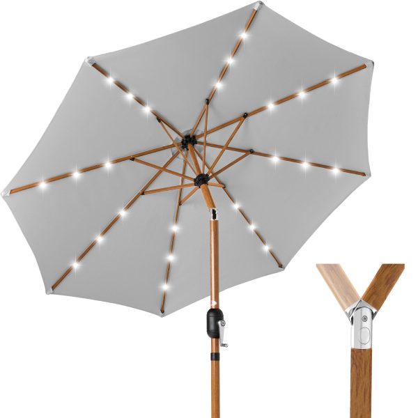 Woodgrain Pattern Solar LED Lighted Patio Umbrella w/ Adjustable Tilt - 10ft - Fog Gray at Best Choice Products
