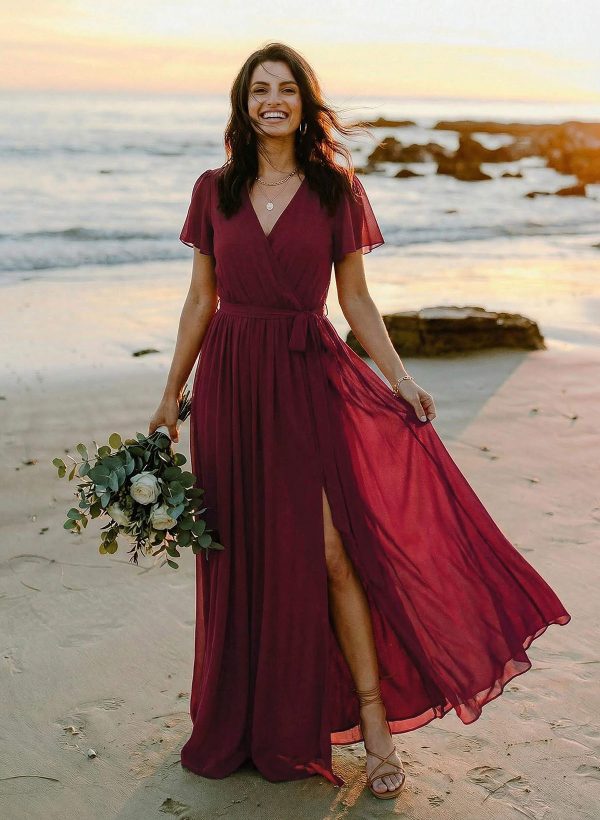 A-Line V-Neck Short Sleeves Chiffon Floor-Length Bridesmaid Dress With Bow(s) at Missacc