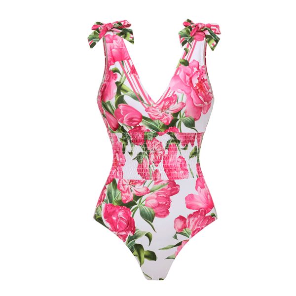 Tie Shoulder Shirring Flower Print One Piece Swimsuit and Skirt, Only swimsuit · M at Vibecurve