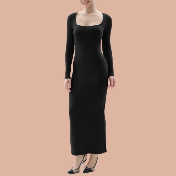Vibecurve® Women's Long Sleeve Dress Ribbed Square Neck Dresses Bodycon Maxi Dresses, 2XL · Black
