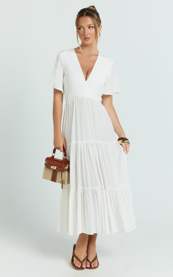 Cryzel Midi Dress - Flutter Sleeve Tiered Dress in White at Showpo